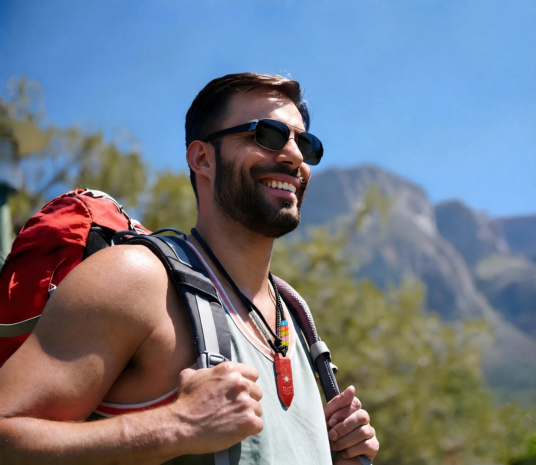 A man wearing fuserig survival penadant